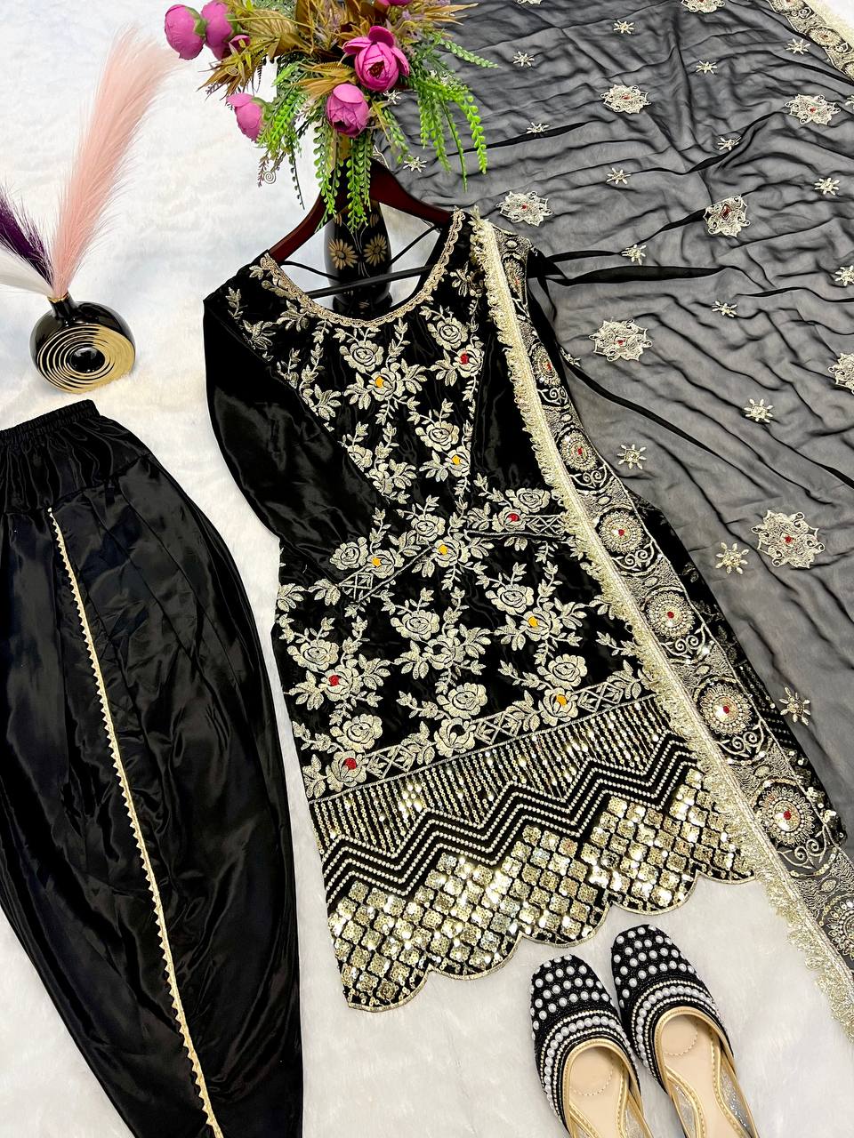 Regal Obsidian Floral Hand-Crafted Ensemble